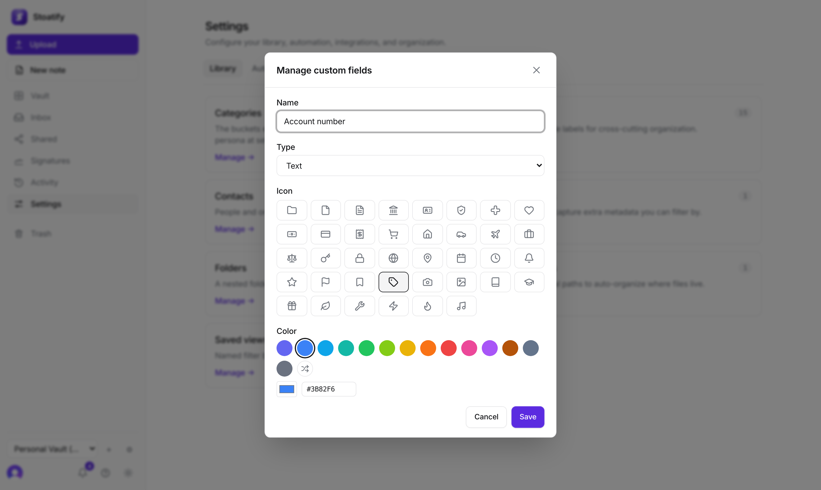 Creating a custom field in Stoatify named 'Account number' with a type picker, icon, and color