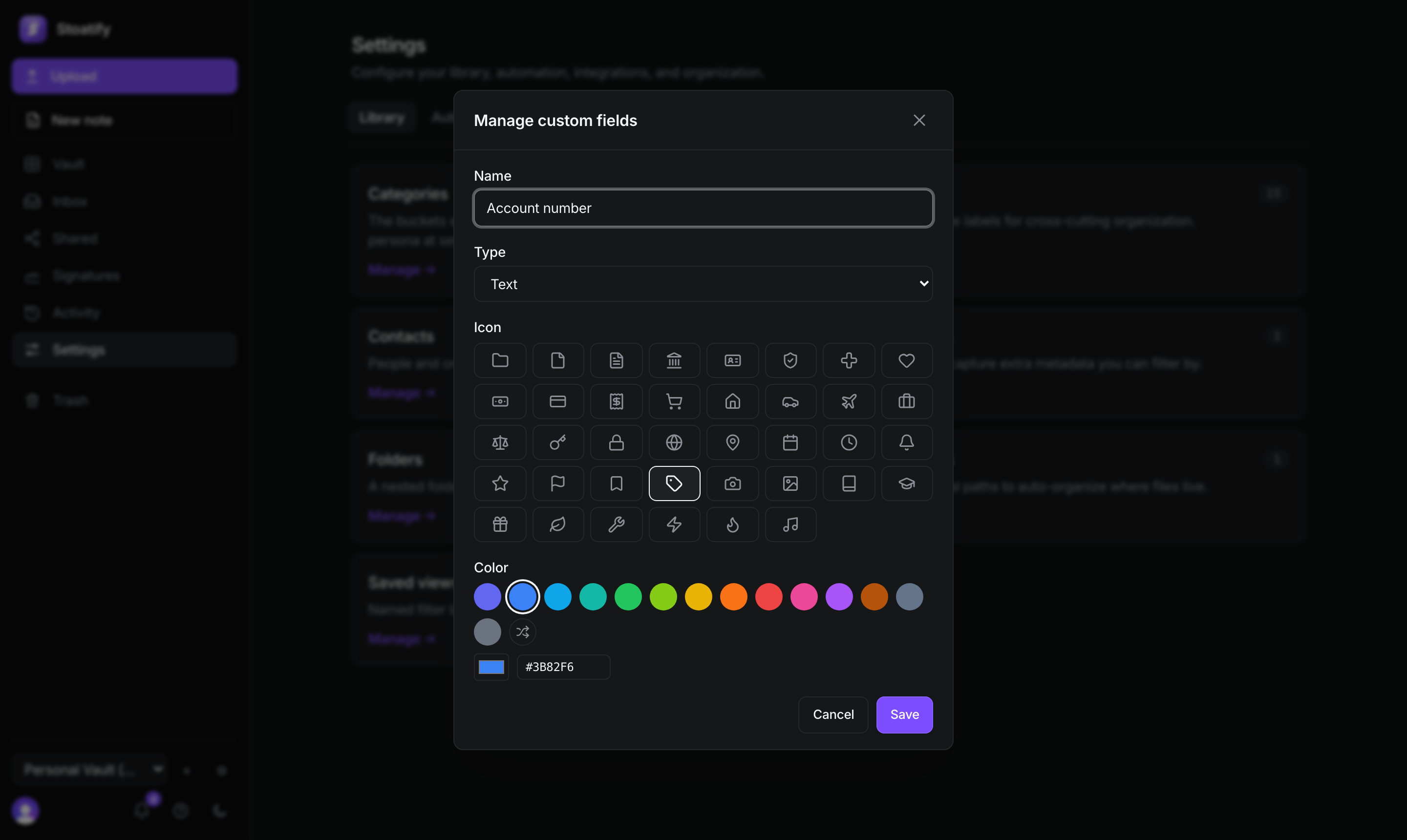 Creating a custom field in Stoatify named 'Account number' with a type picker, icon, and color