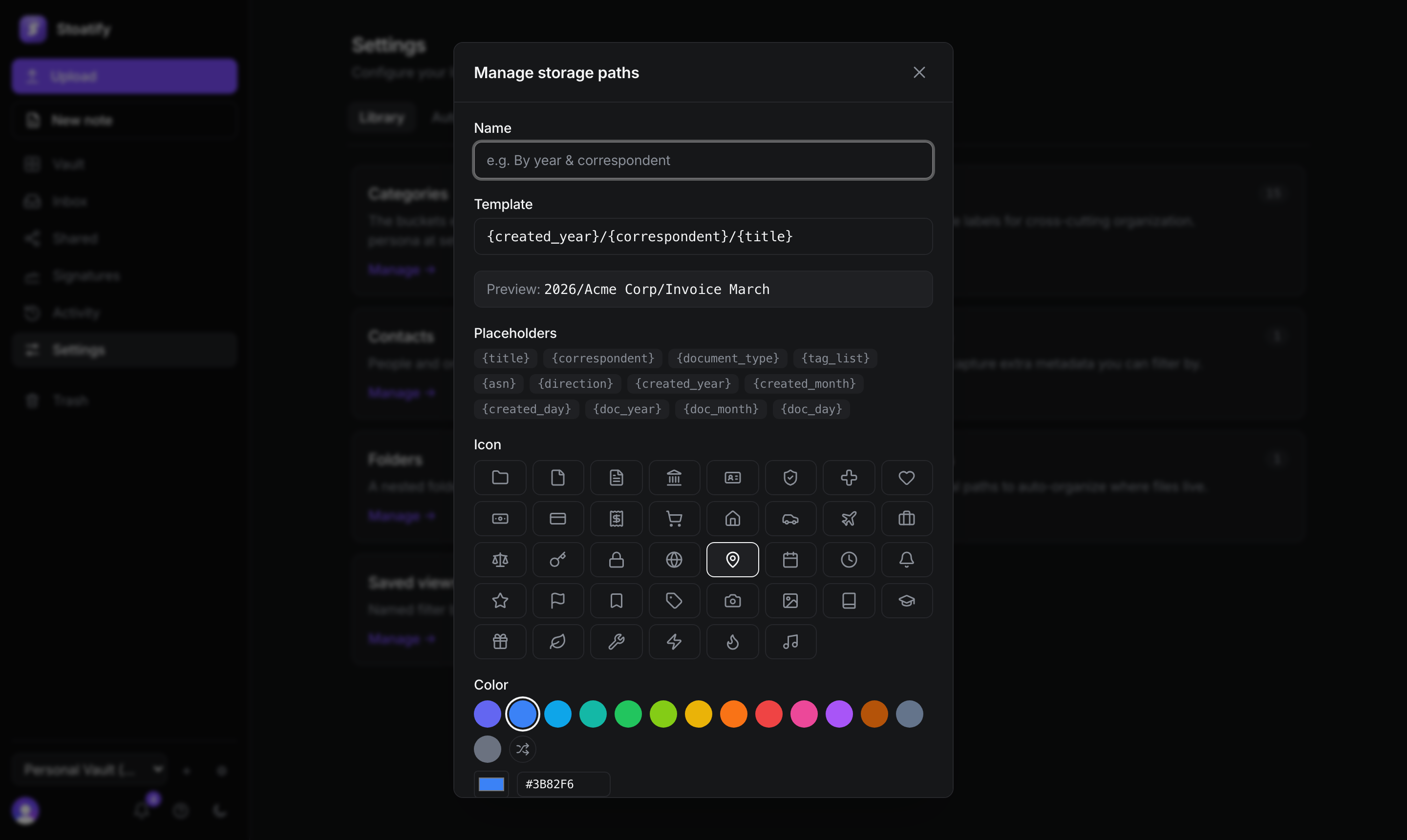 The storage-path editor in Stoatify with the template created_year / correspondent / title and a live preview reading 2026/Acme Corp/Invoice March