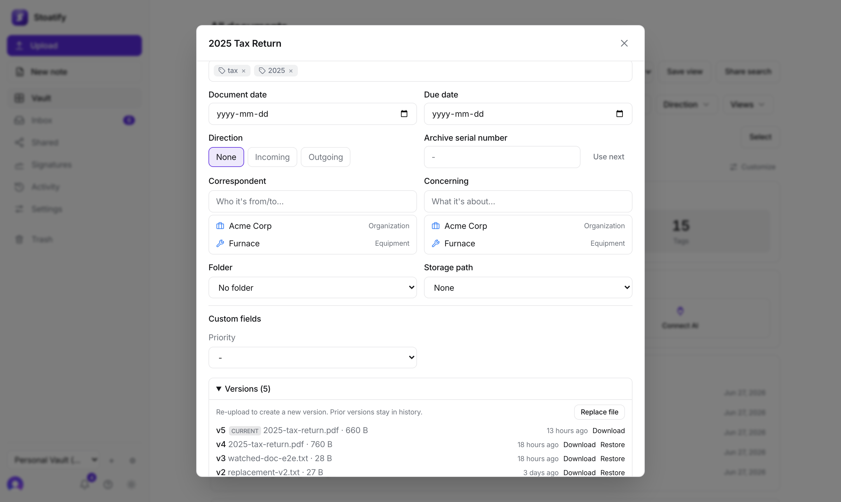 A document's detail panel in Stoatify with its version history expanded, showing v5 as current down to earlier versions with Download and Restore