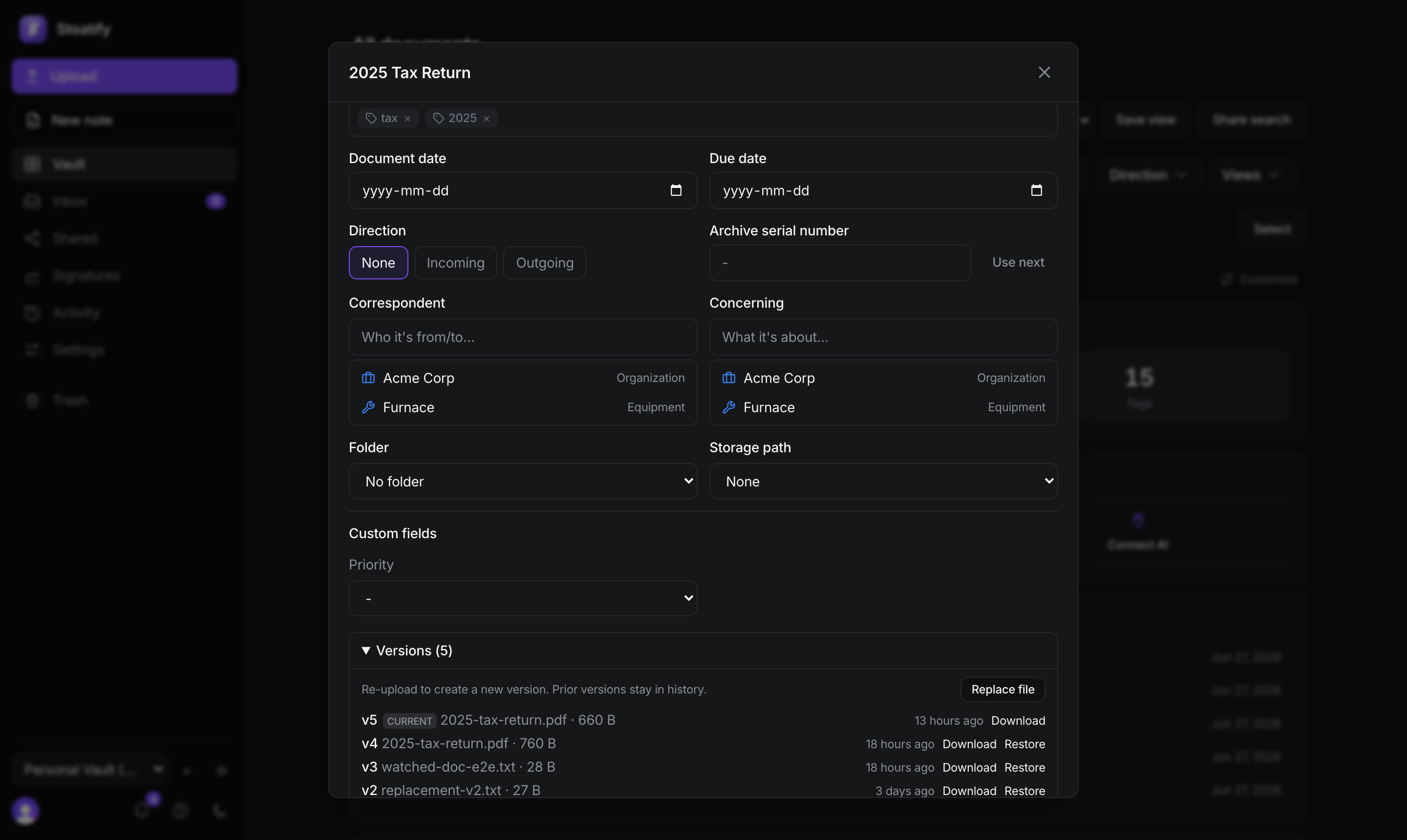 A document's detail panel in Stoatify with its version history expanded, showing v5 as current down to earlier versions with Download and Restore
